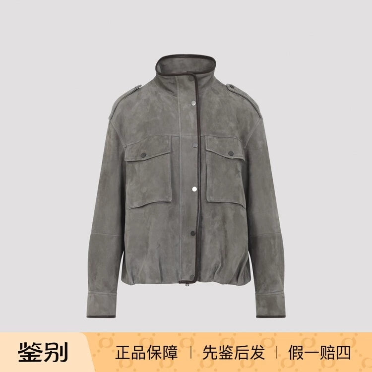 Brunello Cucinelli Women's Leather Jacket in Grey