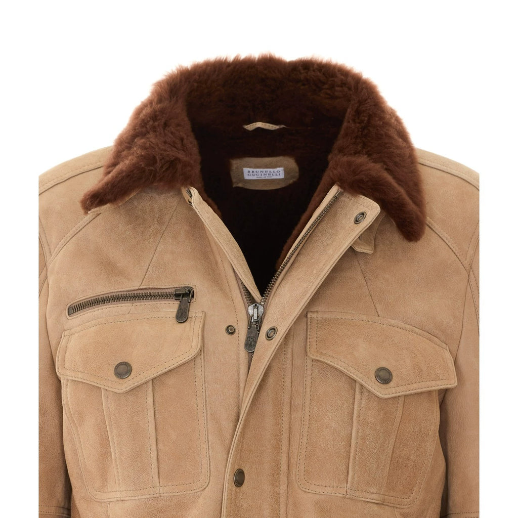 Brunello Cucinelli Men's Leather Jacket in Beige