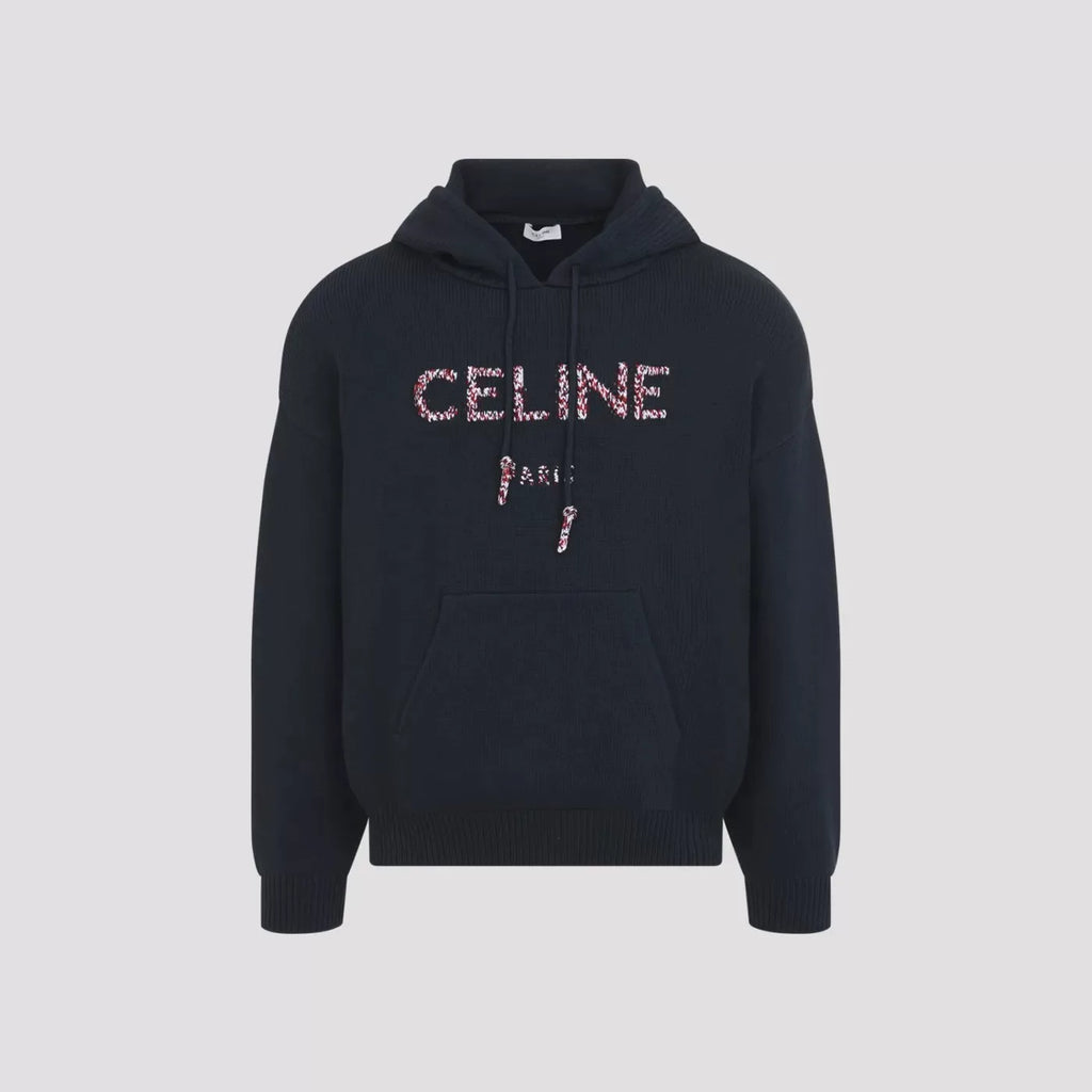 CELINE Men's Knit Cotton Nylon Hoodie in Blue