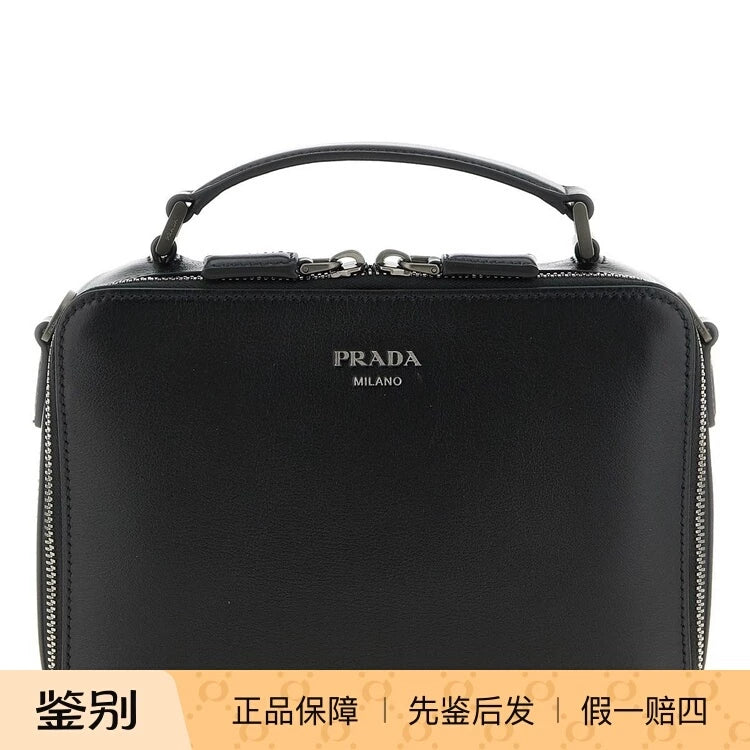 PRADA Men's Brique Leather Messenger Bag in Black