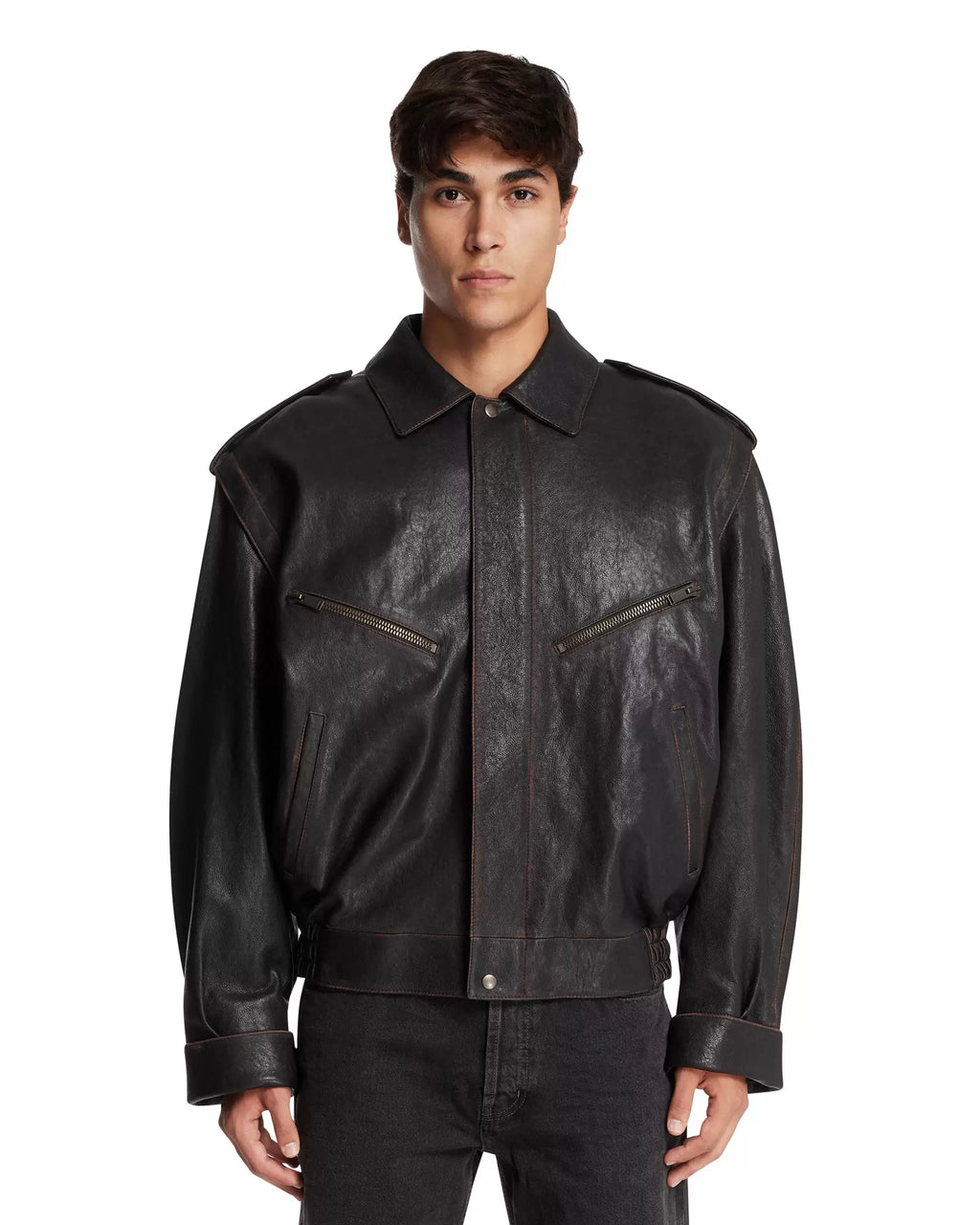 Saint Laurent Men's YSL Leather Jacket in Brown
