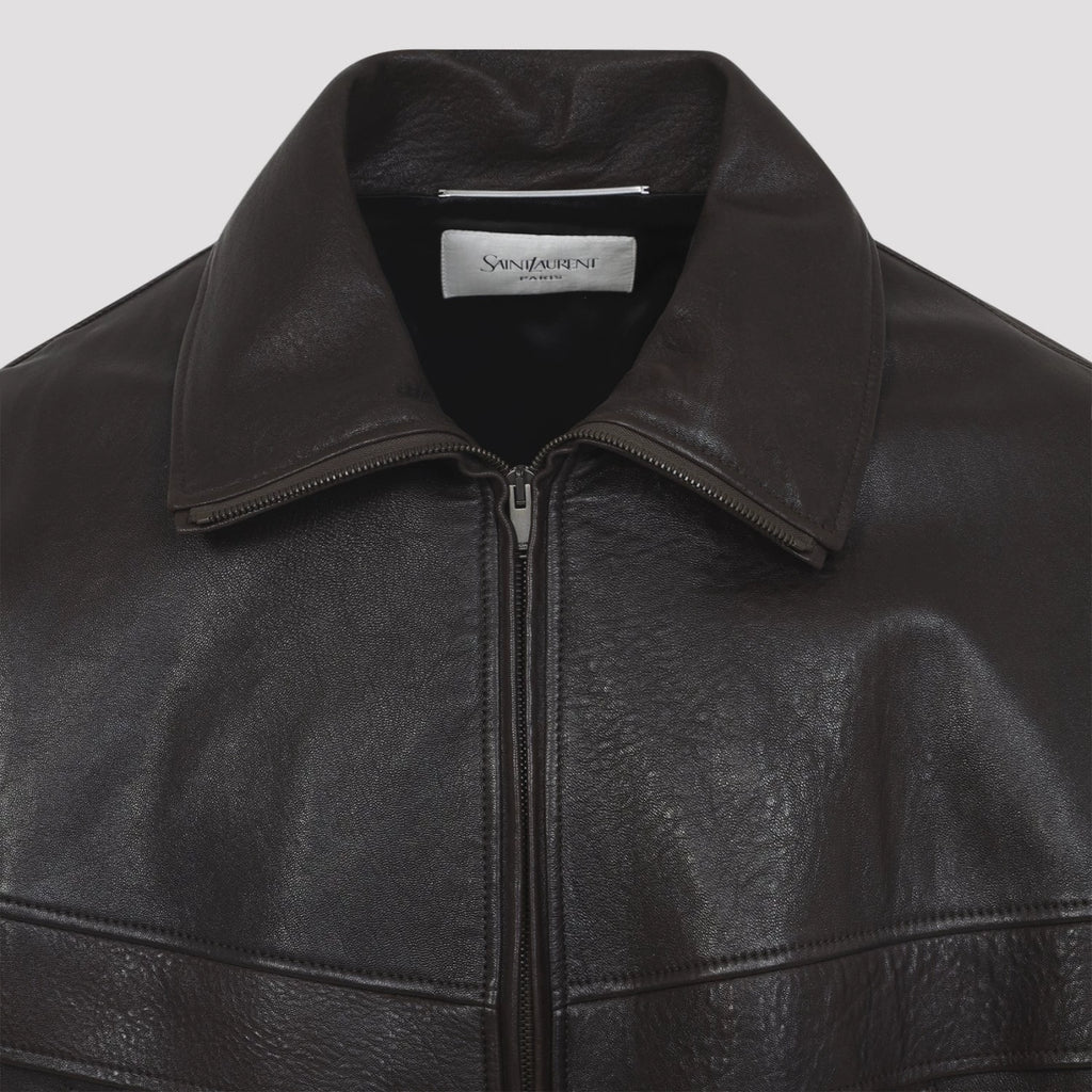 Saint Laurent Men's YSL Leather Jacket in Brown