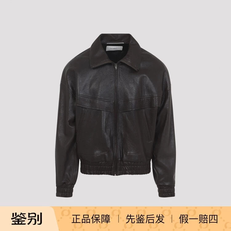 Saint Laurent Men's YSL Leather Jacket in Brown