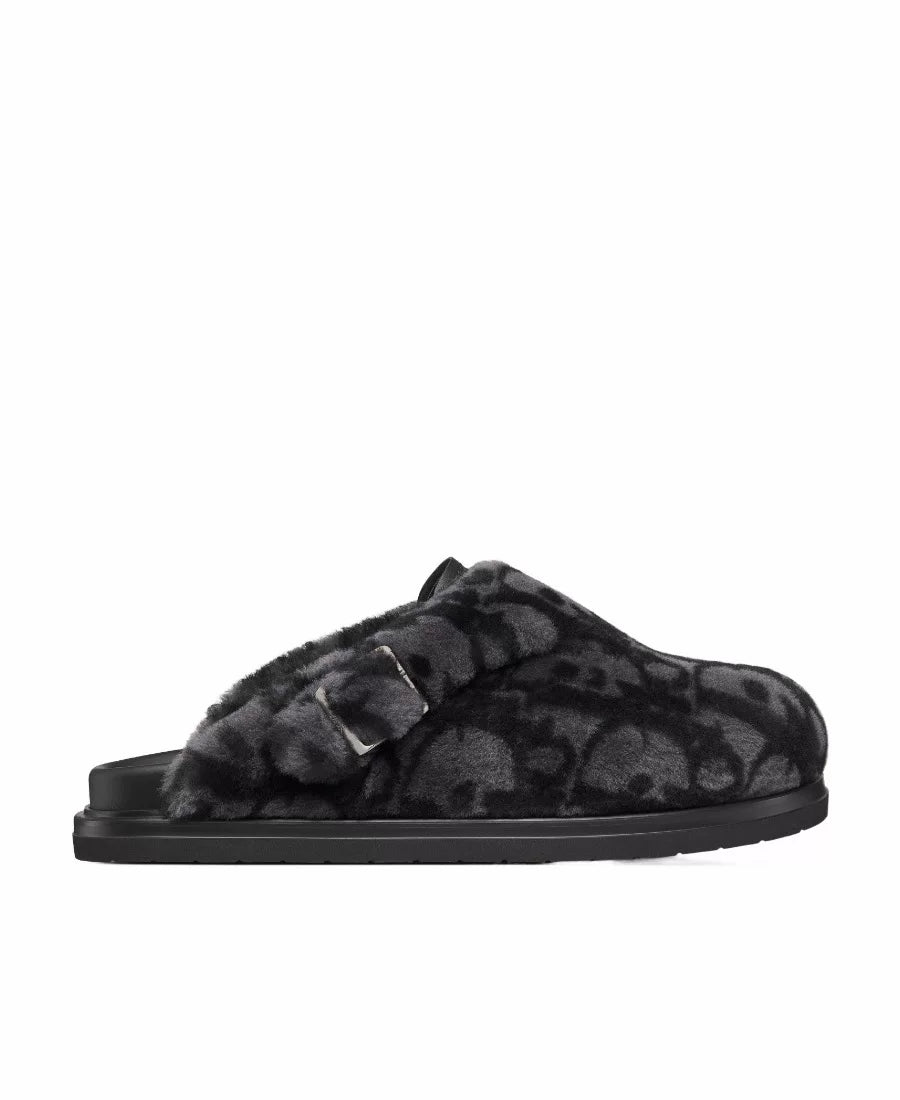 DIOR Men's Aqua Shearling Mule Slippers in Grey Monogram