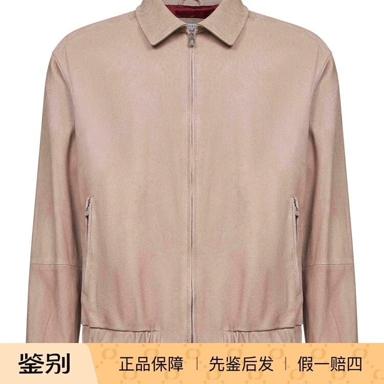 Brunello Cucinelli Men's Leather Jacket in Beige