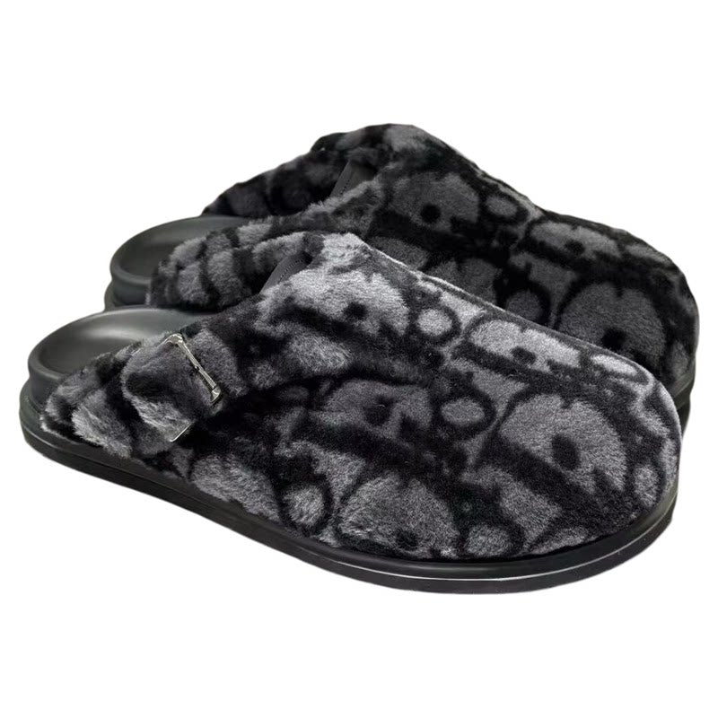 DIOR Men's Aqua Shearling Mule Slippers in Grey Monogram