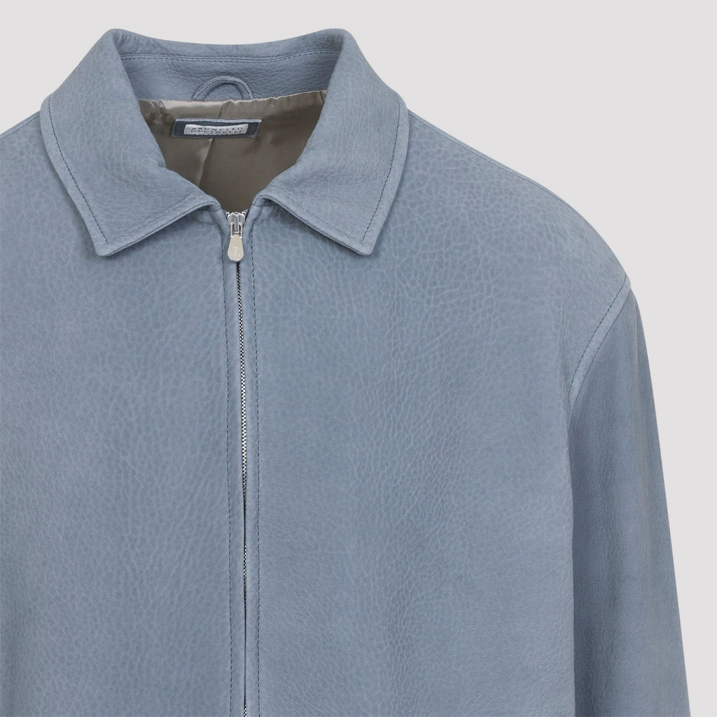Brunello Cucinelli Men's Leather Jacket in Blue