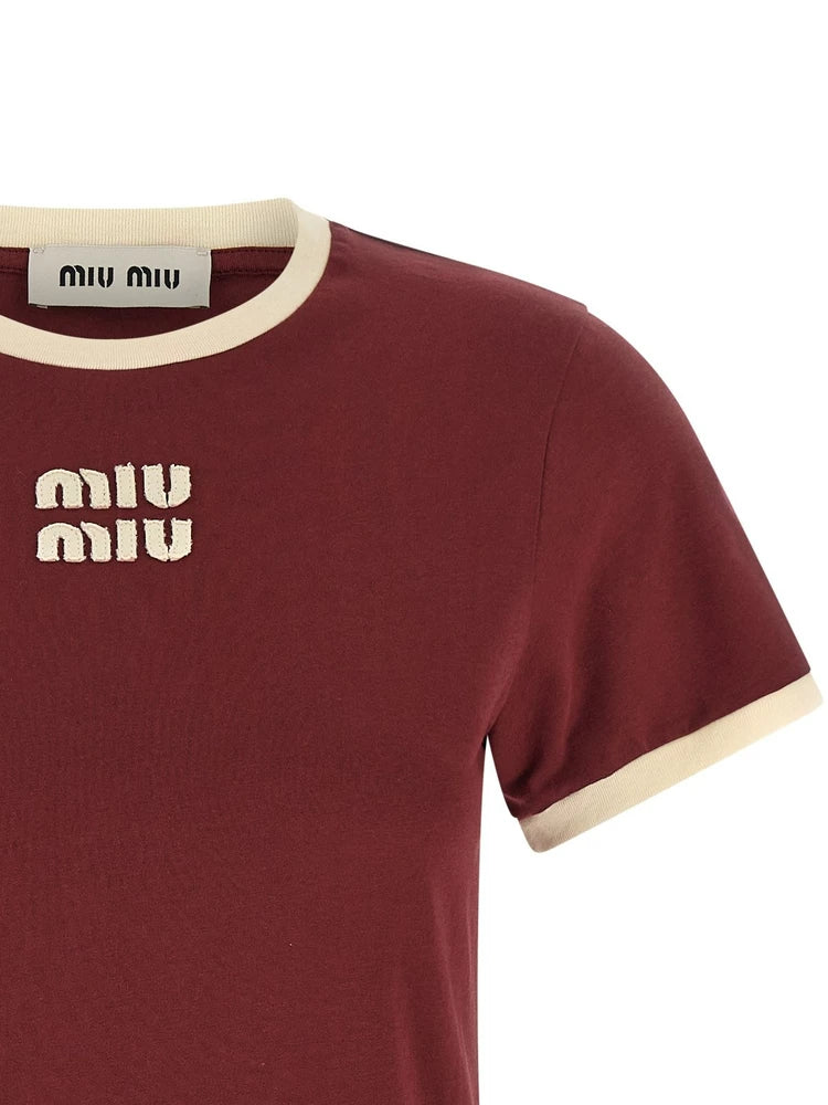 Miu Miu Women's Logo T-Shirt in Burgundy