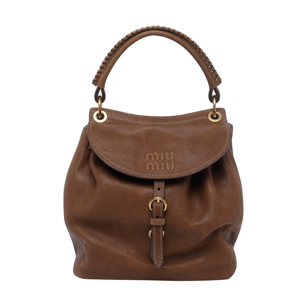 Miu Miu Women's Logo Leather Bucket Bag in Brown - view 1