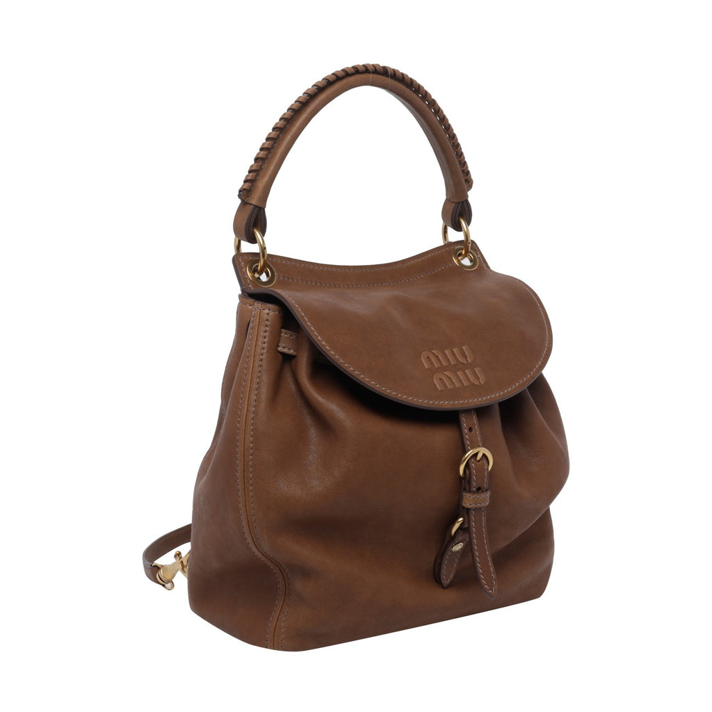 Miu Miu Women's Logo Leather Bucket Bag in Brown - view 2