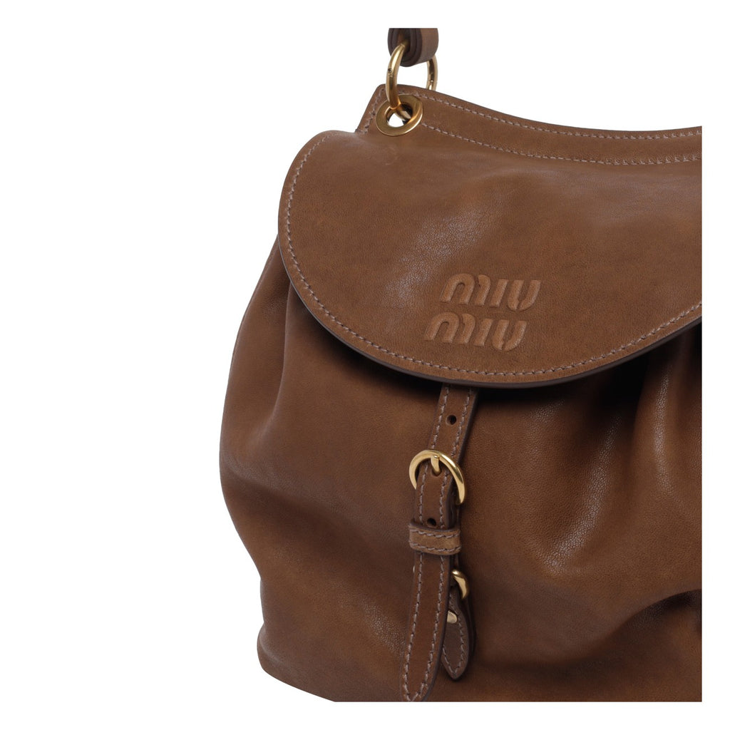 Miu Miu Women's Logo Leather Bucket Bag in Brown - view 4