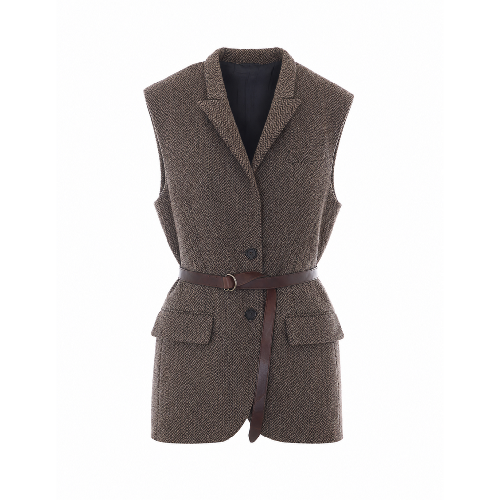 Brunello Cucinelli Wool Chevron Belted Vest in Brown - view 1