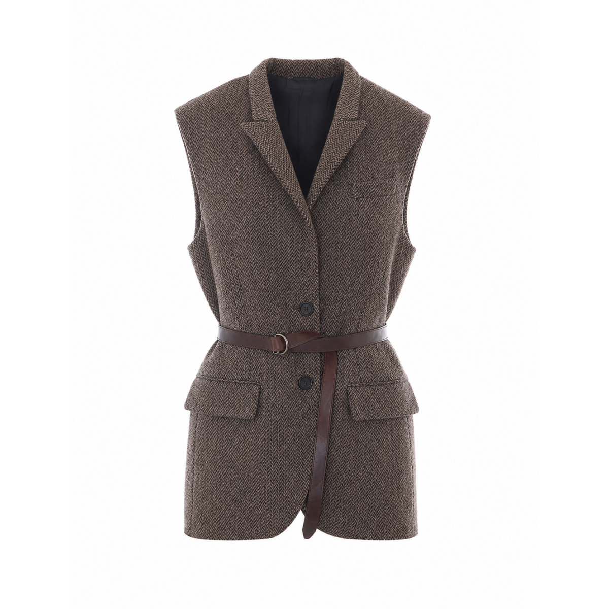 Brunello Cucinelli Wool Chevron Belted Vest in Brown - view 1