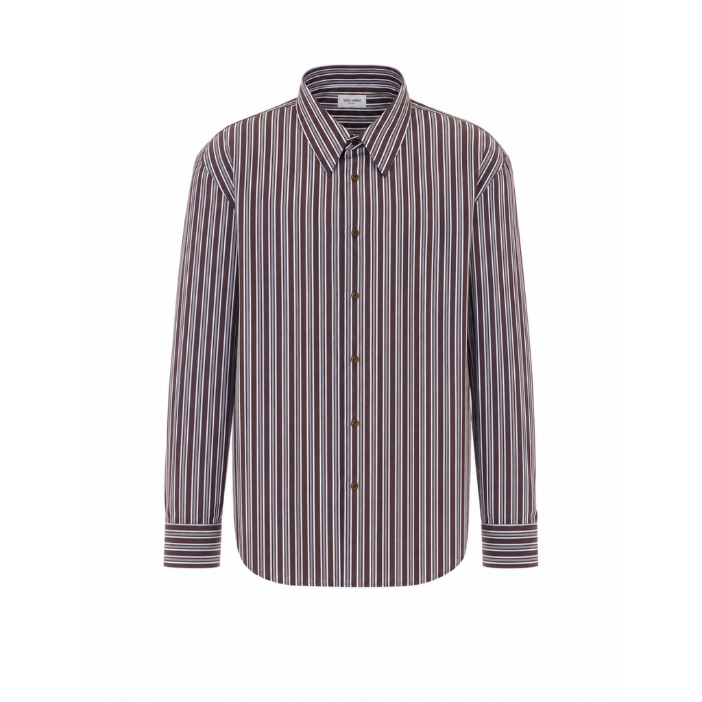 Saint Laurent Men's Striped Cotton Poplin Shirt in Brown - view 1