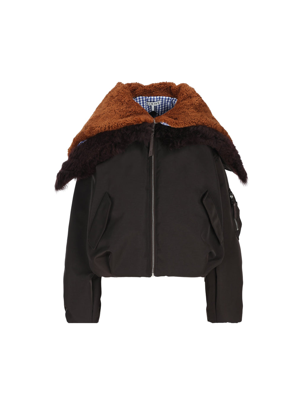 Loewe Women's Technical Fabric Bomber Jacket in Brown - front view with collar open