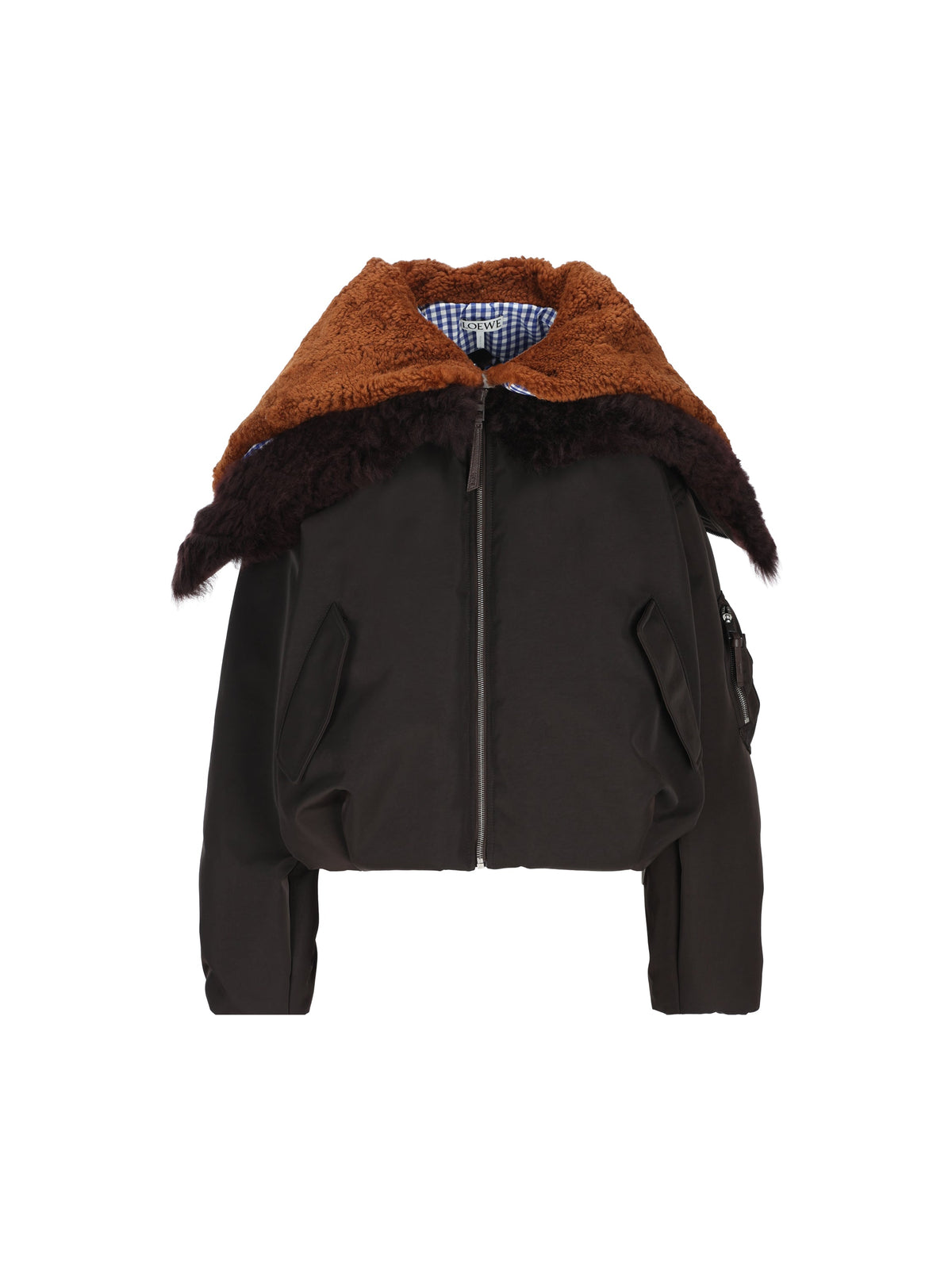 Loewe Women's Technical Fabric Bomber Jacket in Brown - front view with collar open