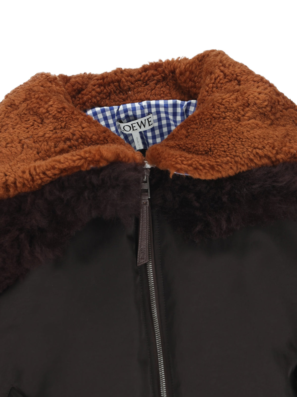 Loewe Women's Technical Fabric Bomber Jacket in Brown - collar and LOEWE label detail