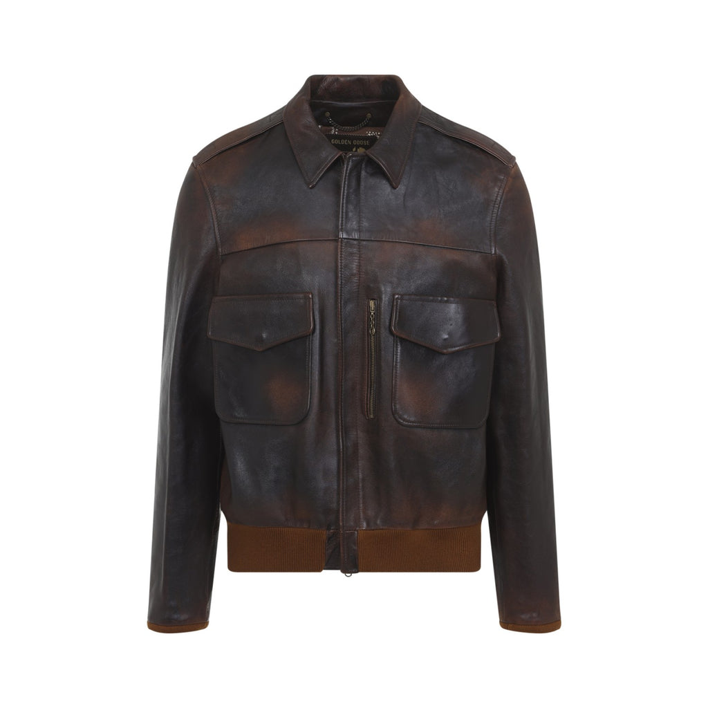 Golden Goose Men's Leather Bomber Jacket in Dark Brown