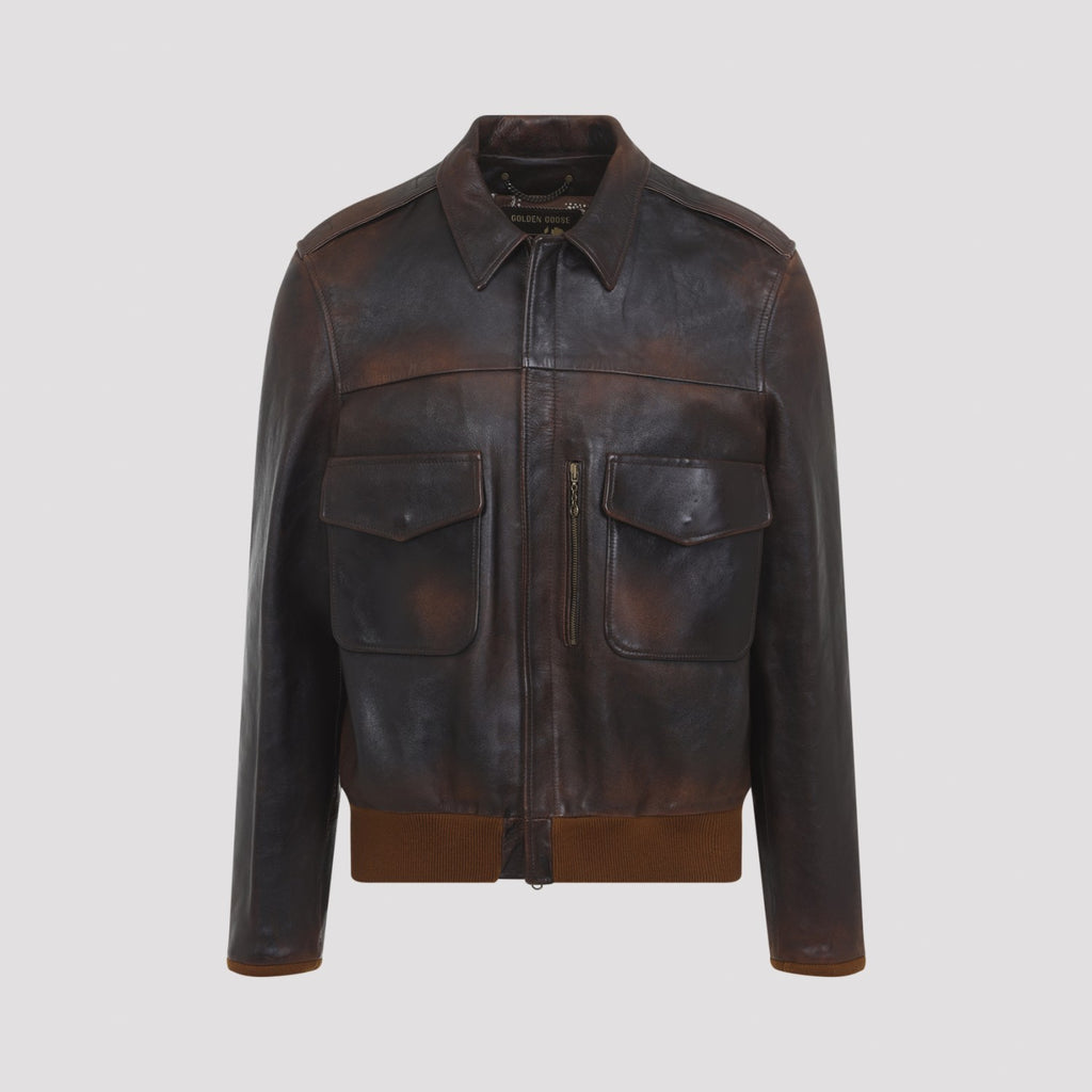 Golden Goose Men's Leather Bomber Jacket in Dark Brown