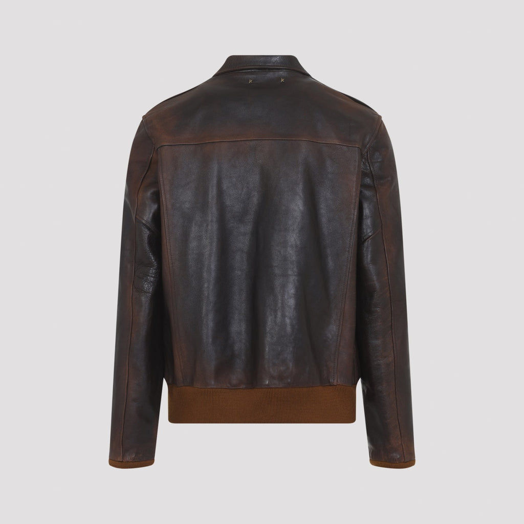 Golden Goose Men's Leather Bomber Jacket in Dark Brown