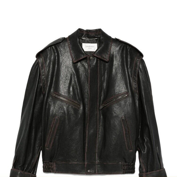 Saint Laurent Men's YSL Leather Jacket in Brown