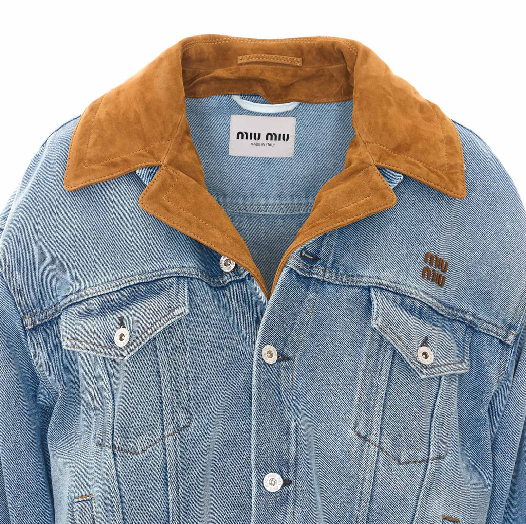 Miu Miu Women's Washed Denim and Suede Logo Denim in Denim - view 4